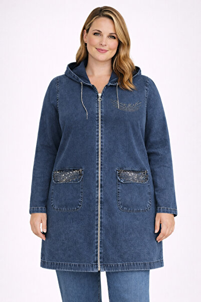 Şans Jachetă de damă, mărime mare, albastră, cu aplicații de piatră, închider...