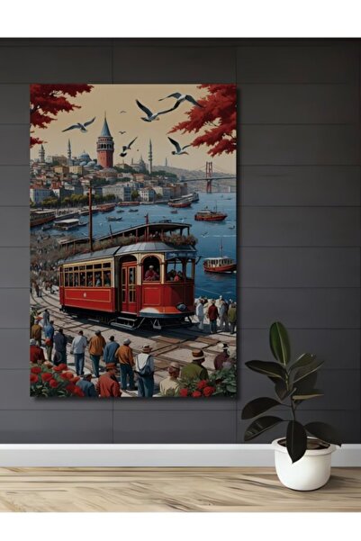 Teona Ahşap İstanbul Galata Kulesi Tramvay Manzarası Yağlı Boya Görünümlü Ahş...