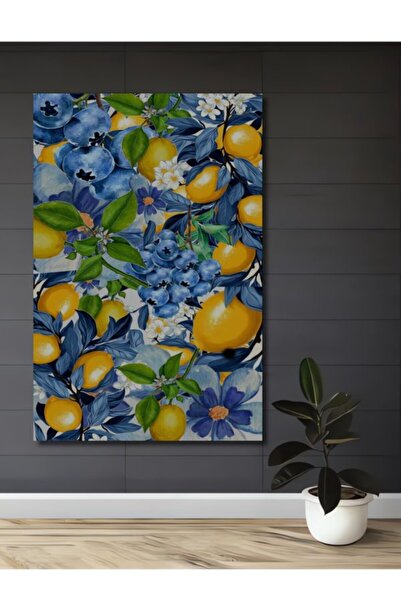 Teona Ahşap Sulu Boya Görünümlü Limon ve Yaban Mersini Desenli Ahşap Dekorati...