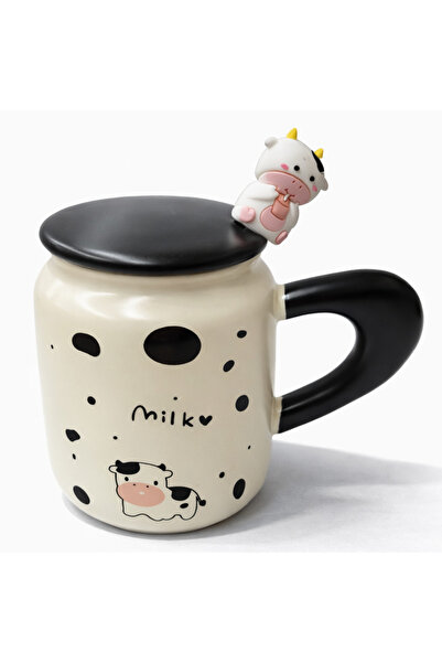 Coverzone Cute Milk Love Figured Ceramic Mug with Lid 300ml Coffee Cup with S...