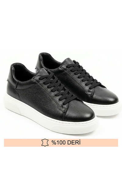 Fine Ayakkabıcılık Erkek Siyah İç Dış Hakiki Deri Bağcıklı Sneaker Ayakkabı
