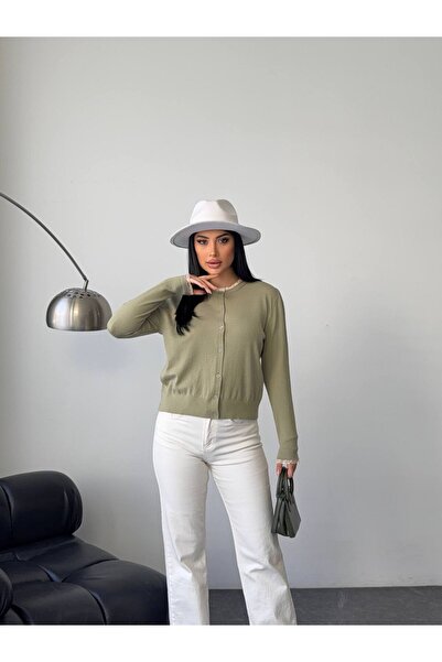 solena sln Lace Green Detailed Crew Neck Long Sleeve Premium Green Knitwear C...