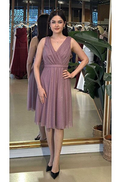 Abiyeniall Rose Renk Kalın Askı Kloş Etekli Simli Kısa Abiye Elbise 7119