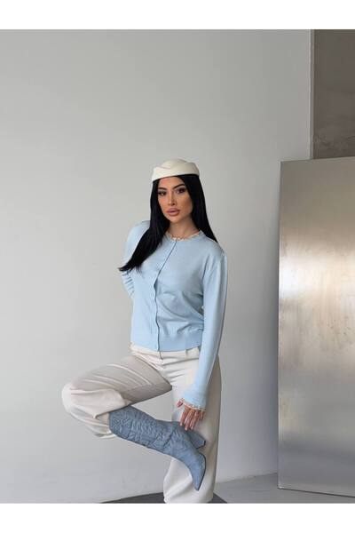 solena sln Lace Baby Blue Detailed Crew Neck Long Sleeve Premium Baby Blue Kn...