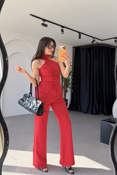 Gizem Ecemiş Willow Kırmızı Şallı Yelek Pantolon Takım