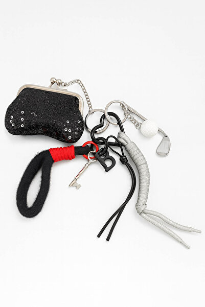 E MODA Mini portofel cu paiete și breloc cu mai multe brelocuri cu figurină d...