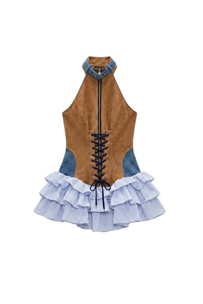 Karteks Denim Kadife Tasarım Mini Elbise