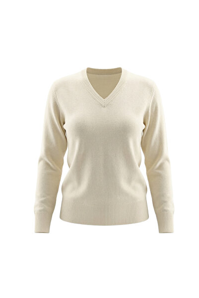 Sementa Kadın V Yaka Basic Triko Kazak - Krem