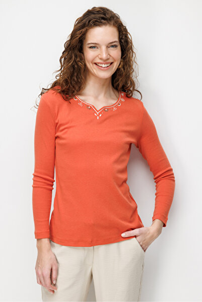 Desen Triko Women's Crew Neck Collar and Sleeves Embroidered P Cotton U Combe...