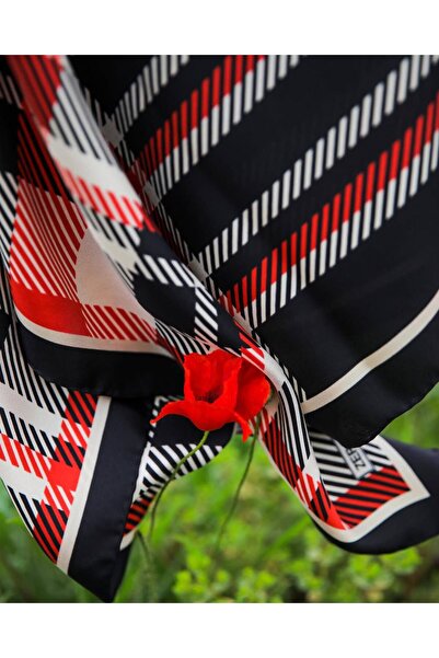Zerafetim Twill Silk Scarf Black, Red, Cream, E Plaid K Checked Pattern