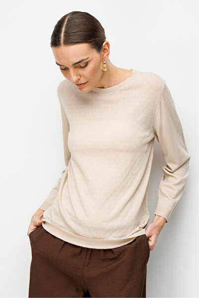 Desen Triko Women's Crew Neck Patterned Long Sleeve Fine Knit Blouse Beige