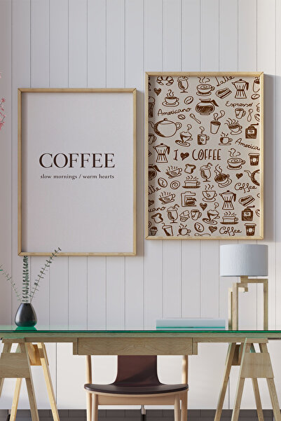 VERONİCA LİNE Minimalist Coffee Yazılı 2’li Set - Kahve Çeşitleri İllüstrasyo...