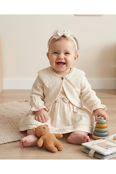 MİNİBORN 100% Organic Beige Lace Detailed Baby Girl 2-Piece Set