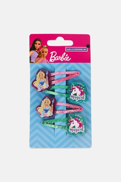 Barbie مجموعة مشابك شعر للبنات مكونة من 4 قطع، متعددة الألوان