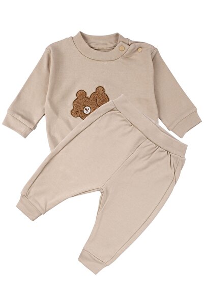 bebegen Baby Boy Beige Brown Bear Embroidered Drawstring Double Set