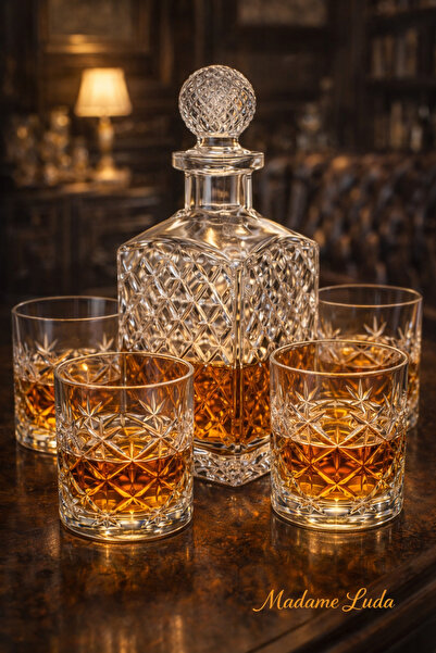 MADAME LUDA Kristal Viski Seti 5 Parça – 1.25 LT Karaf + 4 Viski Bardağı/Kade...