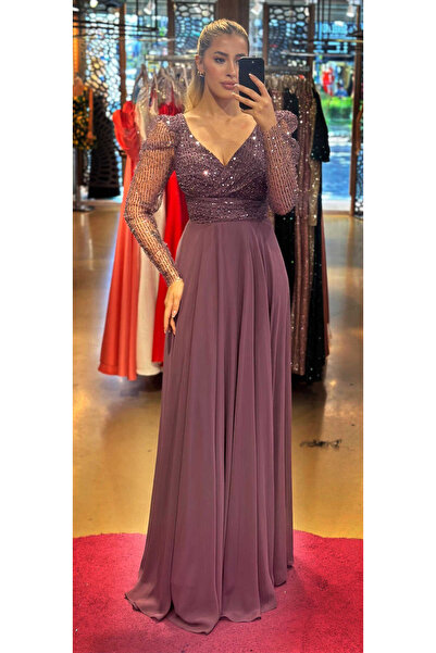 Abiyeniall Lavanta Uzun Kollu  Kloş Etekli Şifon Uzun Abiye Elbise 7569