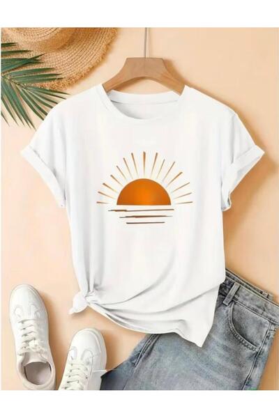 Oceanwear تي شيرت نسائي سادة بأكمام قصيرة وياقة دائرية من Sun مطبوع