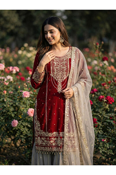 MYSMAR طقم بلوزة بلازو وشال من قماش جورجيت صناعي بلون خمري - HRT7427 - خمري