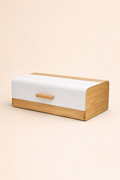 MİS KİTCHEN صندوق خبز بامبو مع غطاء معدني أبيض، صندوق خبز 30x20x13,5 سم