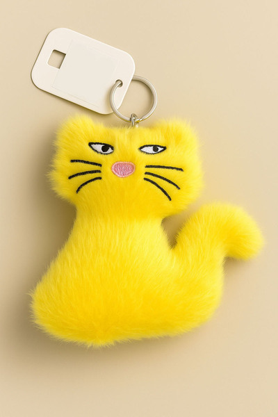 E MODA Breloc și ornament pentru geantă de pisică de pluș de culoare galben viu