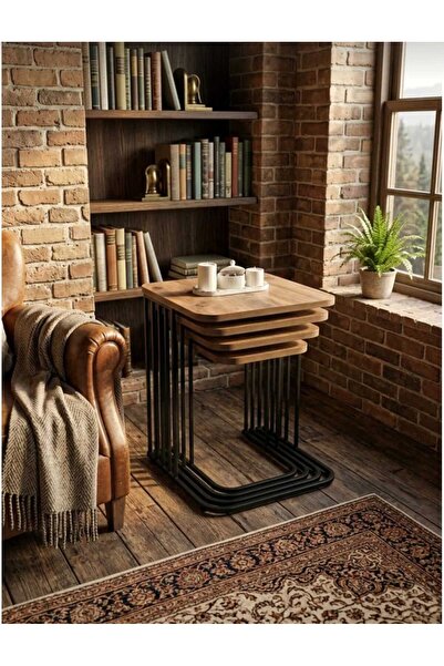 Zigon 4'LÜ TEKERLİ SİYAH METAL ÇAM TABLA YAN SEHPA