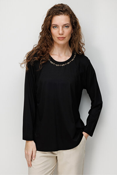 Desen Triko Γυναικεία μπλούζα από χτενισμένο βαμβάκι με κεντημένο γιακά σε σχ...