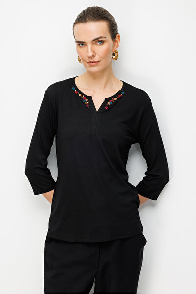 Desen Triko Women's Open Collar Embroidered Combed Cotton Blouse Black