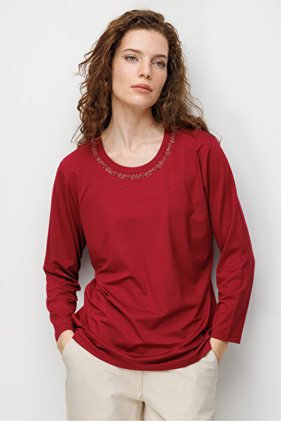 Desen Triko Women's Crew Neck Embroidered Collar Edge Combed Cotton Blouse Ch...