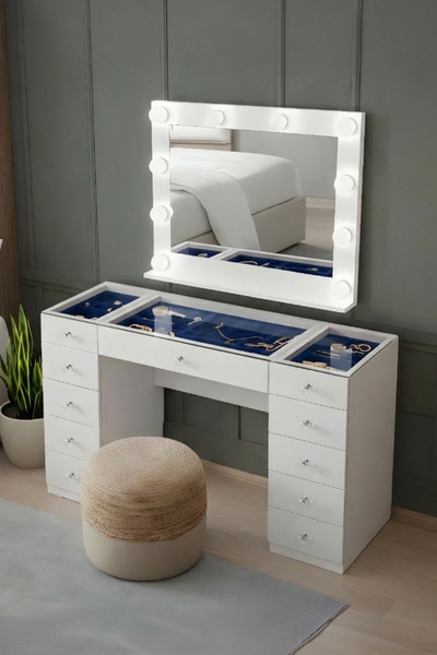 Setay Aynalı Makyaj Masası, Velvet Cam Üst Bölmeli Takı Düzenleyicili Şifonyer