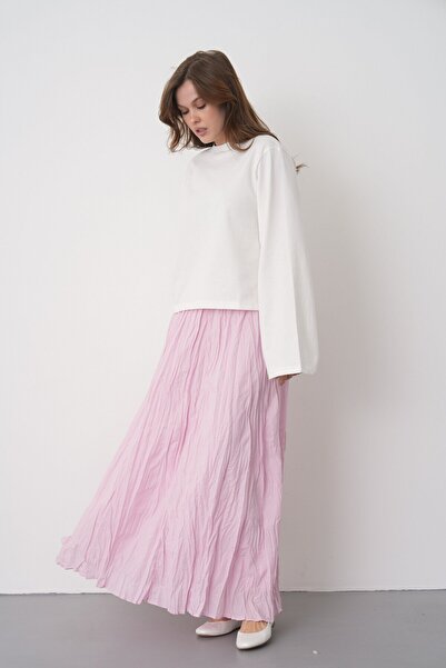 minaaise Fusta lungă cu căptușeală din țesătură voal roz, cu aspect încrețit,...