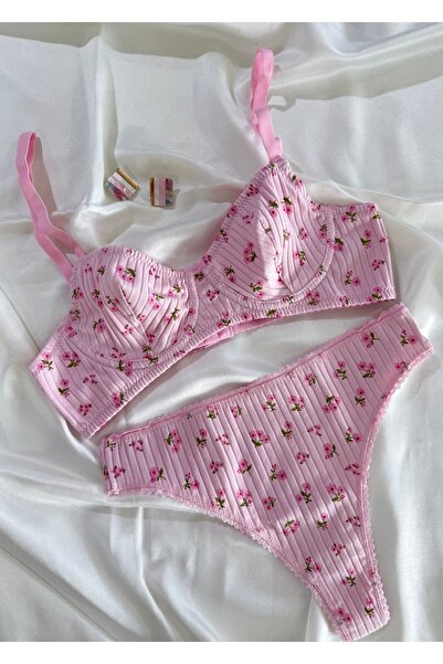 İNKO İÇ GİYİM Pink Floral Print Wired Cotton Piece Ribbed Knit Bra Set (Bra&T...