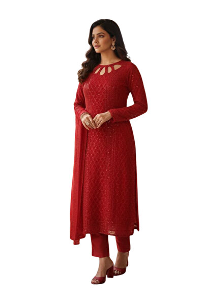 MYSMAR طقم أحمر من قماش جورجيت صناعي، بلوزة بلازو وبنطال واسع وشال - HRT7426 ...