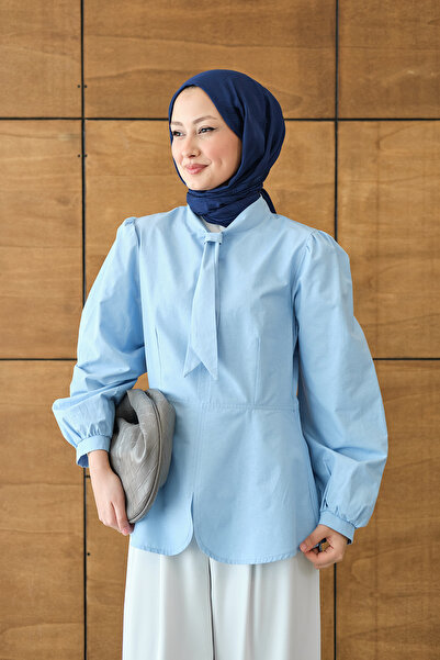 LOCCO Γυναικείο Φουλάρι Λεπτομέρεια γιακά Κοντό Πουκάμισο Μπλε