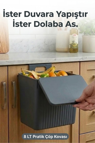 EFFE HOME Askılı ve Yapışkanlı Mutfak Ve Banyo İçin Pratik Çöp Kovası 8LT