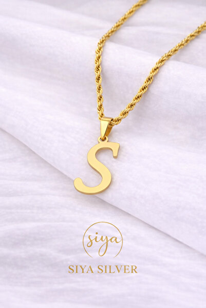 Siya Silver 316L Kararmaz Çelik Gold Renk Uzun Burgu Zincirli Harfli Kadın Kolye