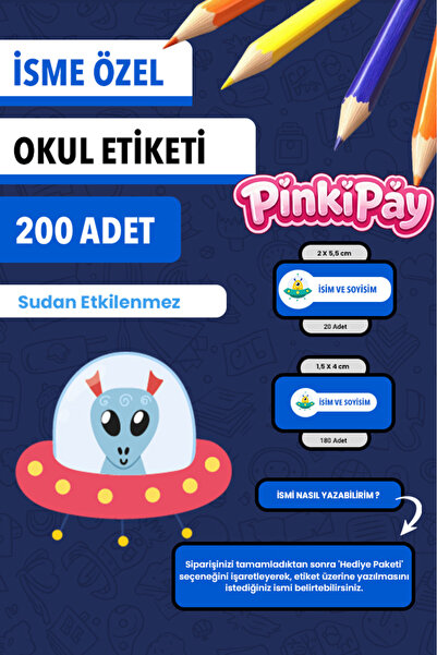 İsim Yazılabilir Sevimli Uzaylılar Temalı Okul Etiketi – Kalem & Defter İçin 200 Adet