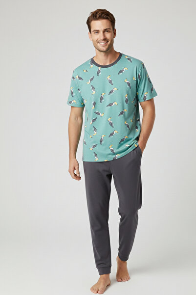 İPEKTENİM Tukan Kuşu Desenli Manşetli Kısa Kol Erkek Pijama Takımı