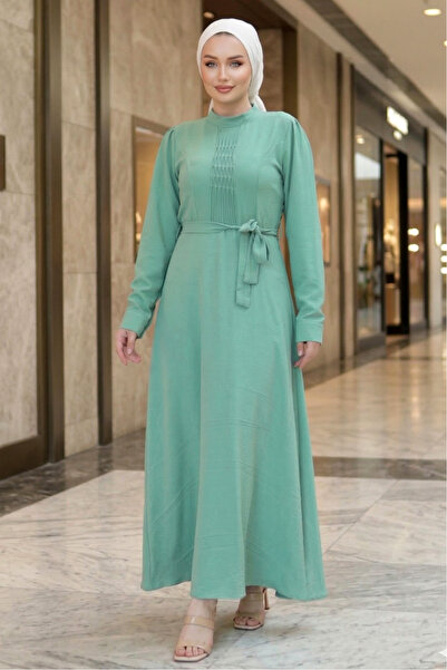 FERHEL Ayrobin Fabric Hijab Dress with Grass Detail and Belt - Çağla