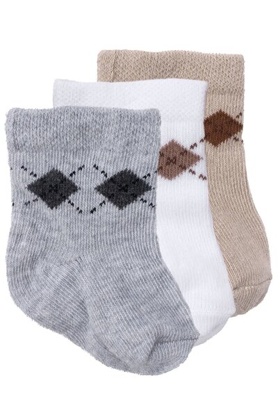 bebegen Baby Boy Gray White Brown Diamond Patterned 3-Piece Socks 0-6 Months