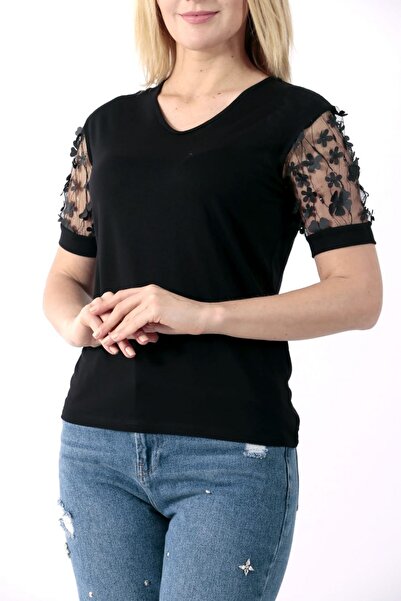 Arzulica Negru viscoză material elastic Mânecă Importată A cu detaliu cu acce...