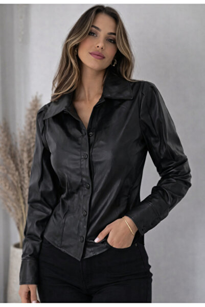 Nobrand Women's black eco- Leather shirt, fitted cut, front buttons – sizes 3...