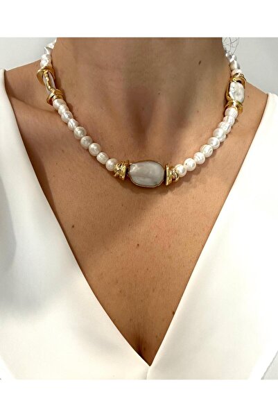 Mua Bijoux Doğal İnci Kolye Barok İnci Detaylı Altın Renk Doğal Taş Kolye El ...