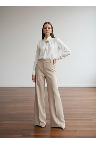 PERA MODA Stylish Blouse Shirt with Gold Brooch Detail