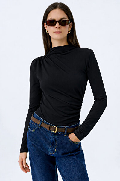 BEGBOR COLLECTİONS Black Draped Turtleneck Long Sleeve Blouse