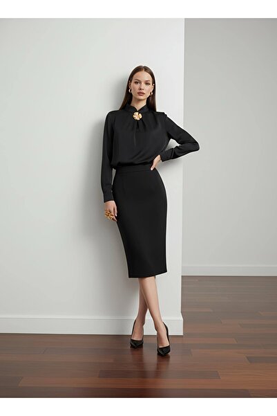 PERA MODA Stylish Blouse Shirt with Gold Brooch Detail