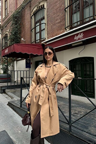 Kıyafetto Kadın Camel Kuşaklı Düğmeli Bondit Kumaş Su Gecirmez Trençkot HSZ028