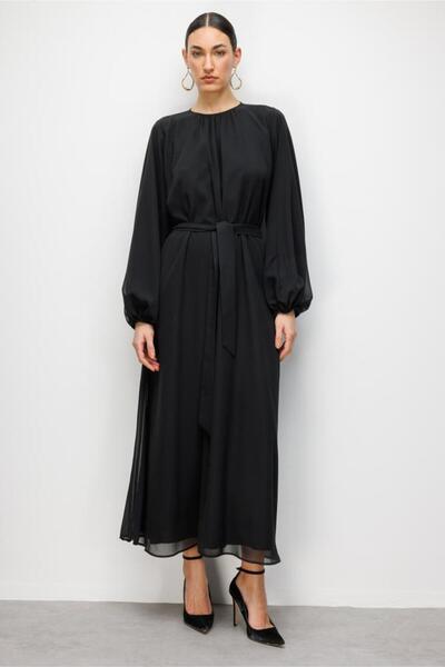 Mizalle Balon Kollu Kuşaklı Siyah Maksi Şifon Elbise