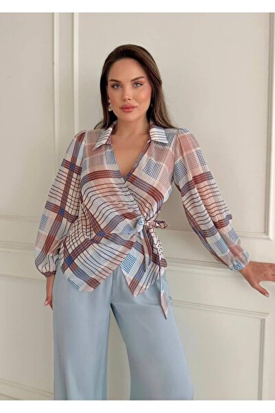 STEPS Side-Tie Chiffon Plaid Piece Blouse