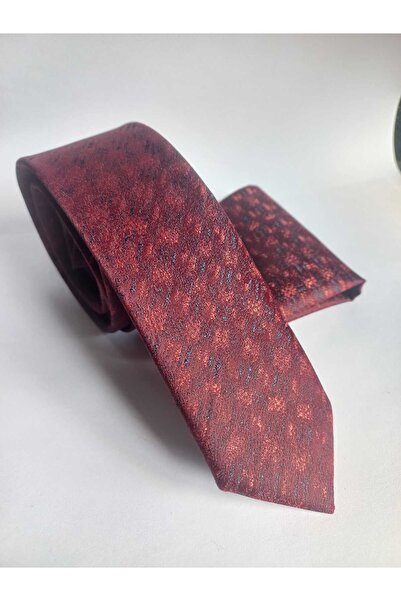 Kravatistan Bordo Patterned Thin Tie and Handkerchief Set 5,5cm